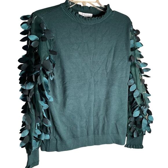 Sioni Milano Sweater Winter Green Embellished Sleeve Frill Neck Womens Large NWT - Picture 1 of 5